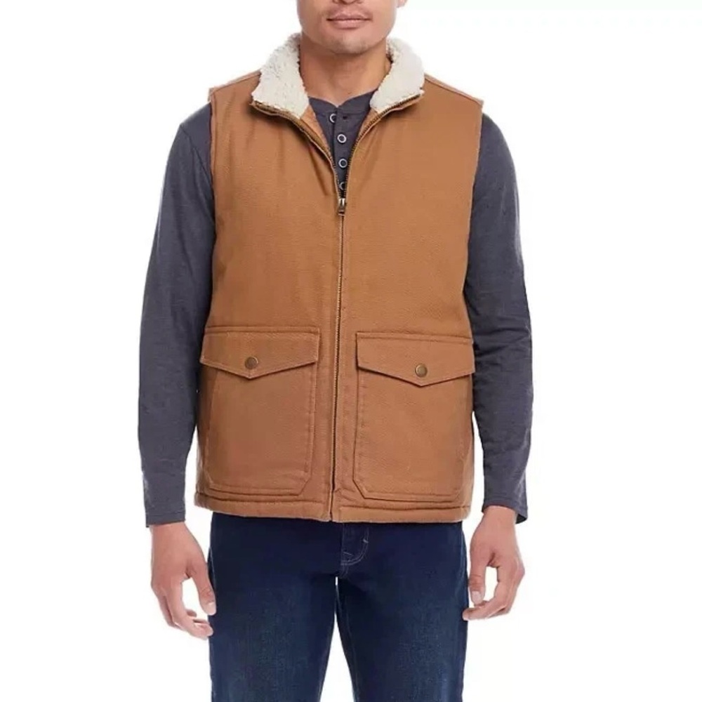 Men's Workwear Heritage Brand Weatherproof Tan Vest Sherpa Collar Size XL